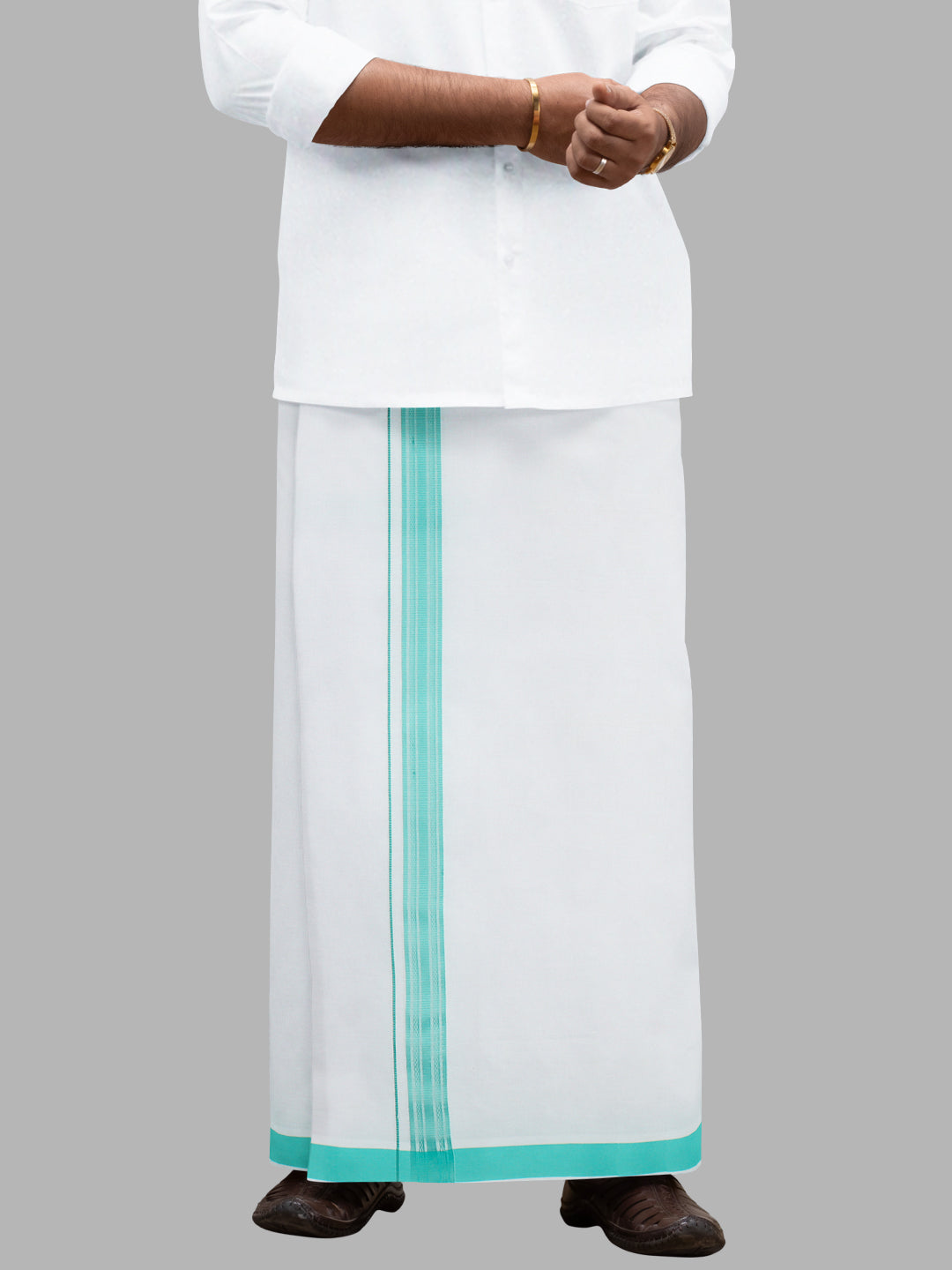 Men Cotton Blend Readymade Single Layer White Dhoti with Fancy Border GACF13