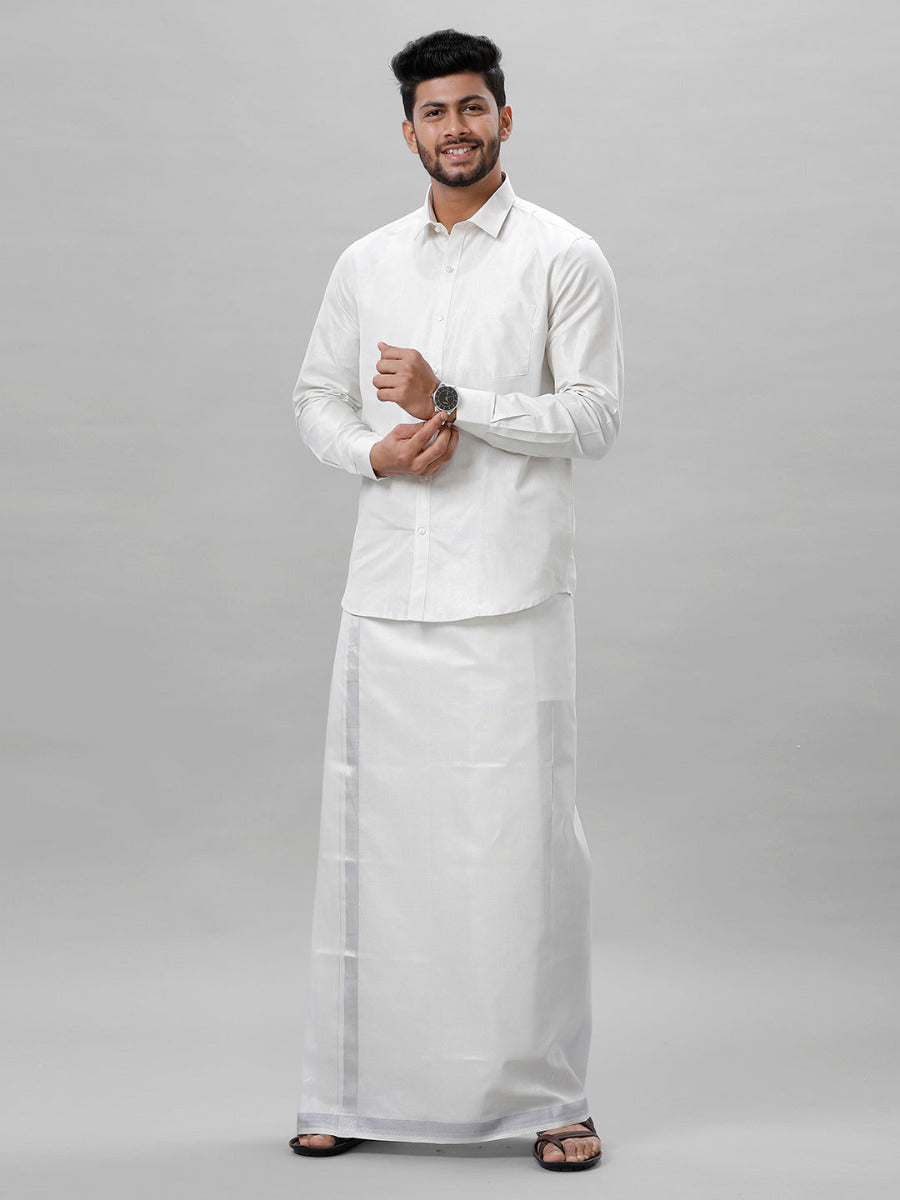 Mens Tissue Silver Dhoti & Full Sleeves Shirt Set