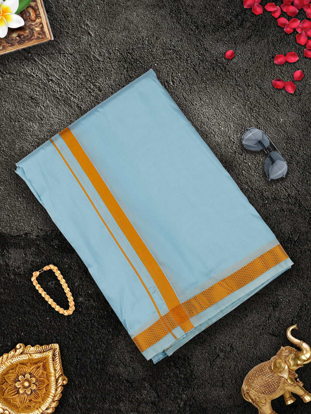 Mens Premium Art Silk Sky Blue Shirting & Gold Jari Border Panchakacham Set 9+5 Ashirwath-View two