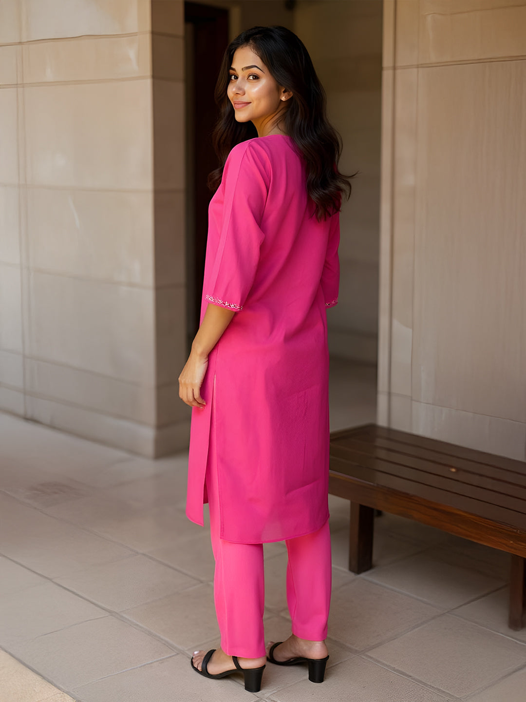 Women Cotton Embroidered Kurti Set Dark Pink EKS41