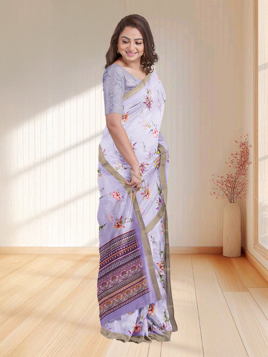 Women Lavender Semi Tussar Printed Saree ST248