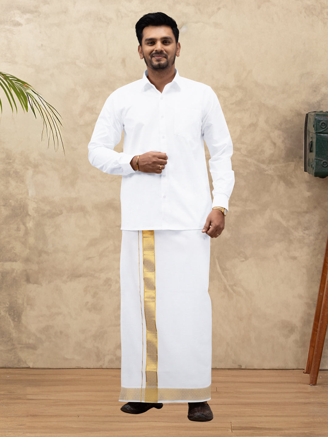 Men 100% Cotton Single Layer White Dhoti with Gold Jari Border Aura 297