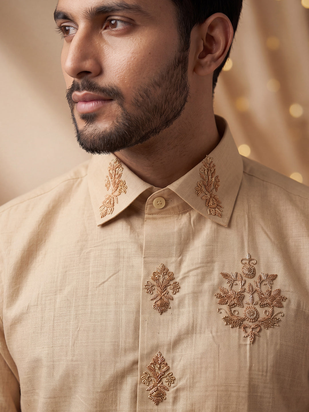 Premium Pure Tussar Silk Hand Embroidered Shirt & Dhoti Set with Royal Butta Detailing Signature Chest Emblem Jari | Rajarudhran