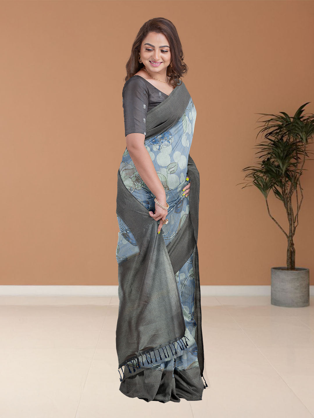 Women Blue Semi Tussar Printed Saree ST263