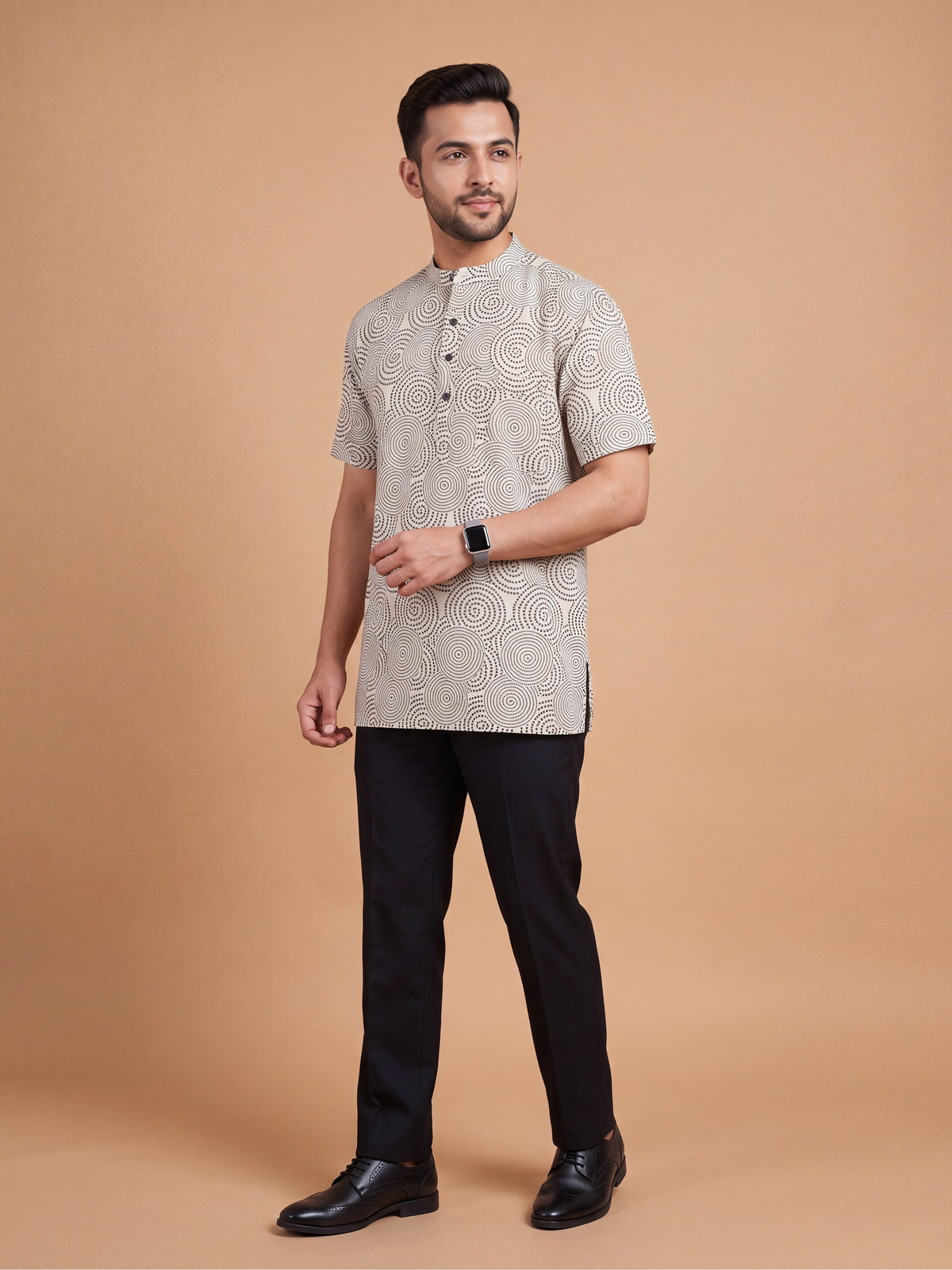 Cotton Short Length Beige Spiral Printed Pocket Kurta RN9
