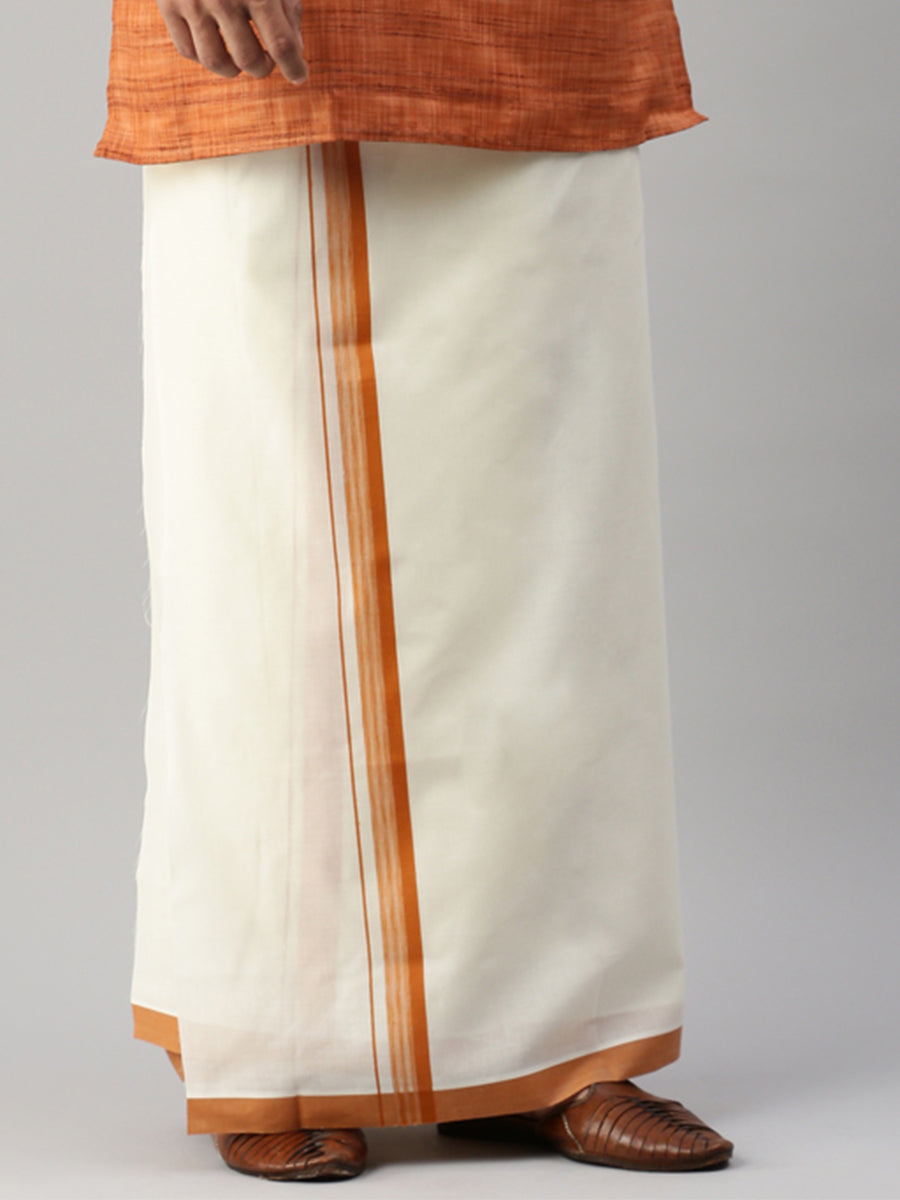 Mens Kora Cream Double Dhoti with Brown Fancy Border Terra Kora Fancy-Front view
