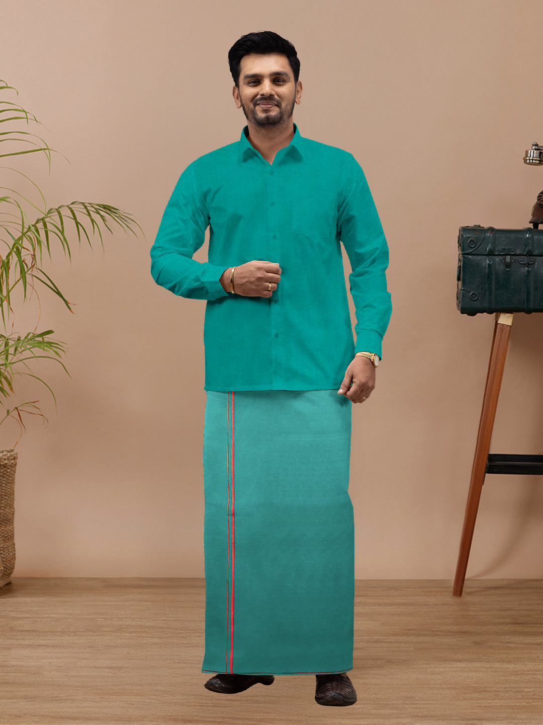 Men Cotton Blend Single Layer Dhoti & Towel Set Green  with Assorted Border Spiritual