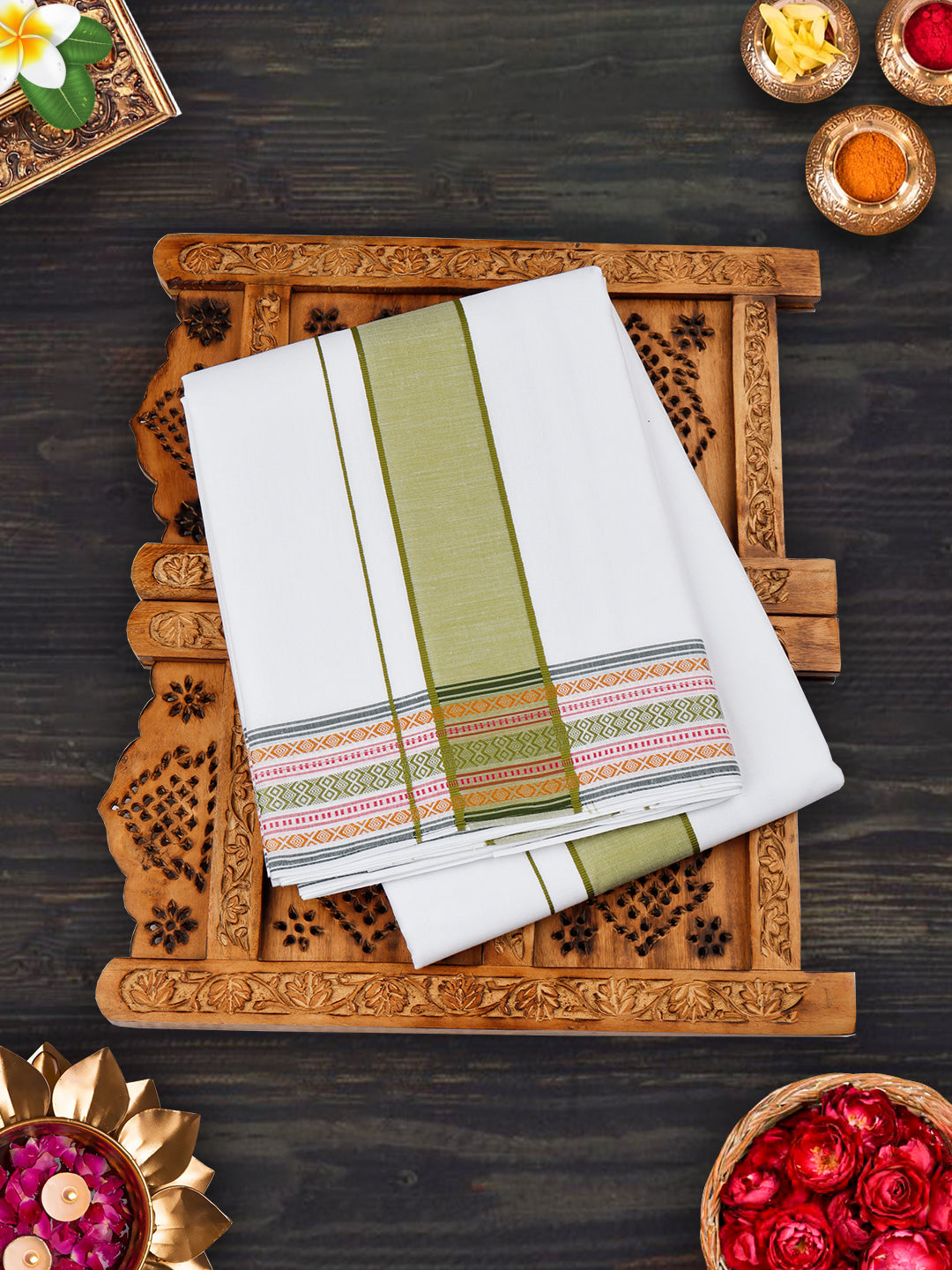 Mens White Panchakacham with Angavasthram Light Green Fancy Border Srirasthu (9+5)-View one