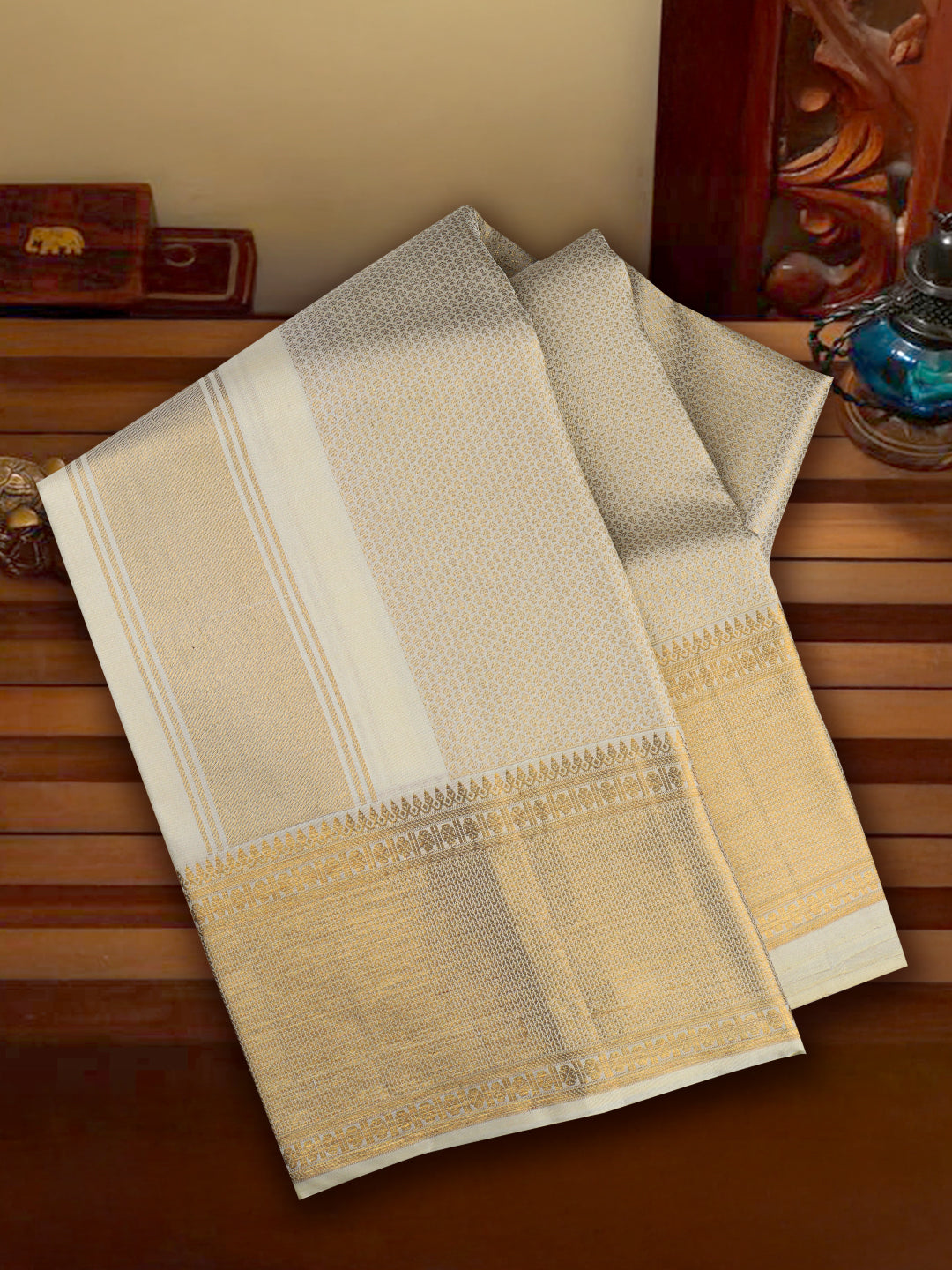 Men Luxury Premium Pure Silk Cream Dhoti & Towel Set with 6" inch Gold Jari Border Amirtham AM13