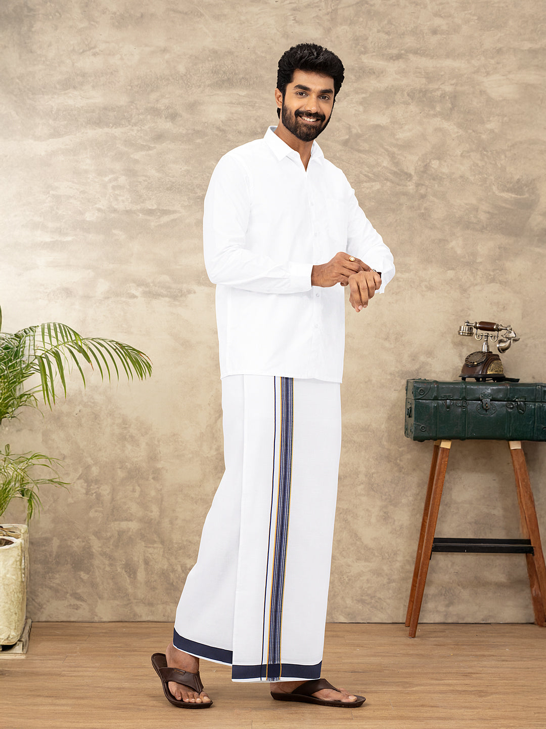 Men Cotton Blend Single Layer White Dhoti with Fancy Jari Border WGF10
