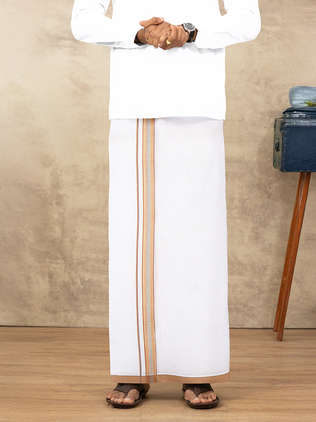 Men Cotton Blend Single Layer White Dhoti with Fancy Jari Border HSF04