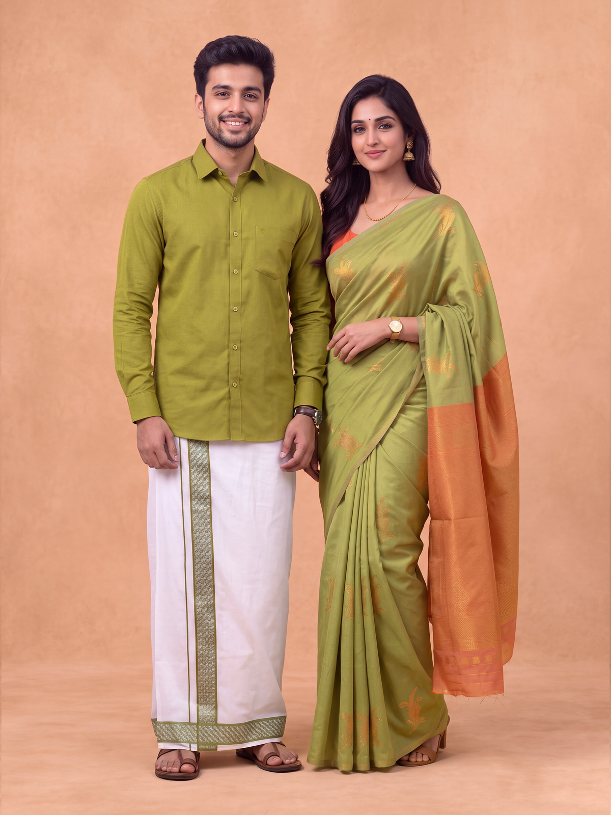 Couple Combo Shirt & Dhoti Set with Saree Green SS527