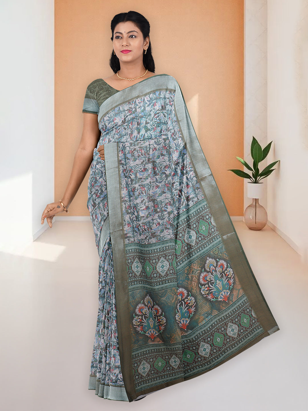 Women Light Green Semi Linen Saree SL225