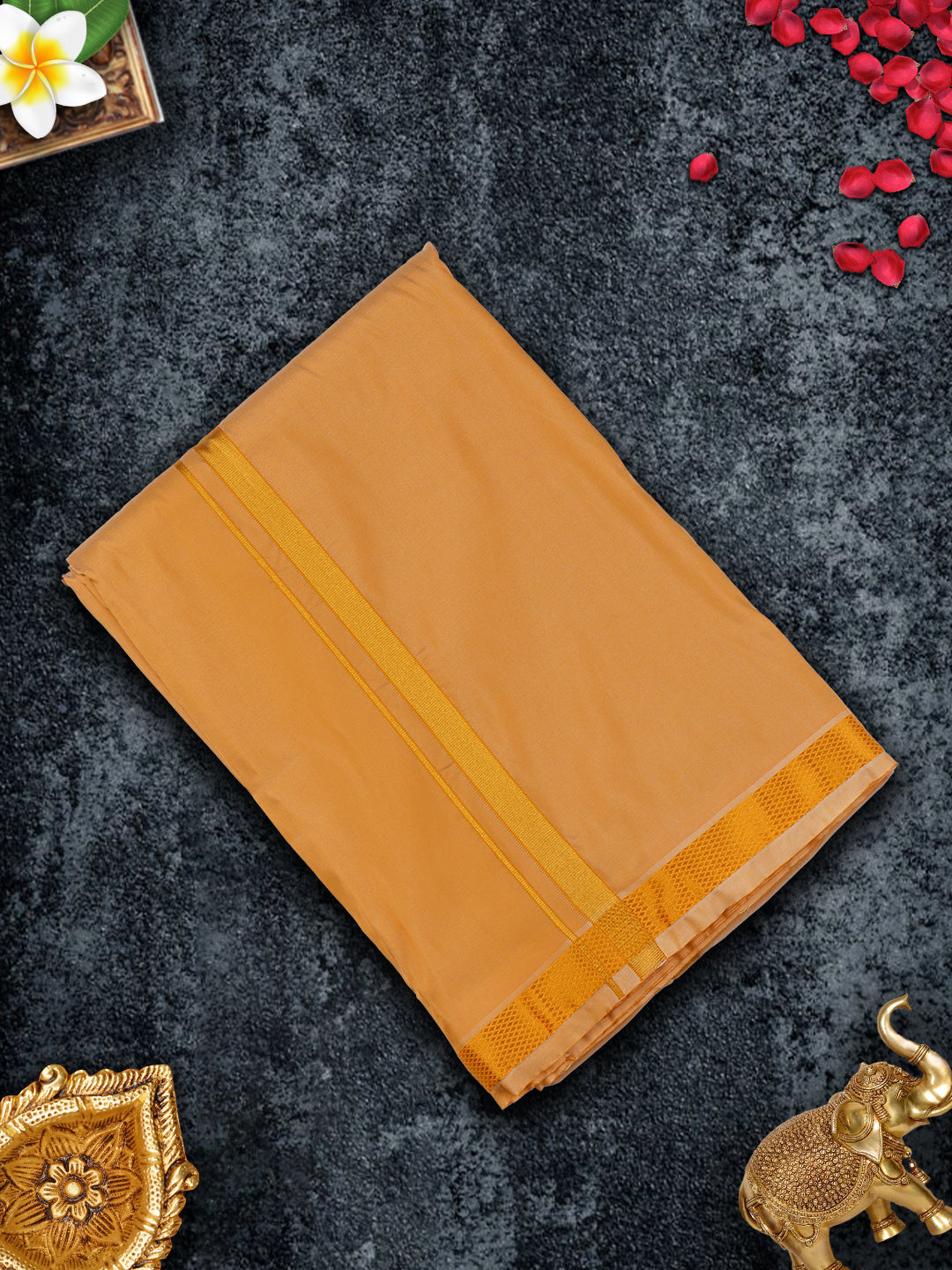 Mens Premium Art Silk Dark Sandal Shirting & Gold Jari Border Panchakacham Set 9+5 Ashirwath-View two
