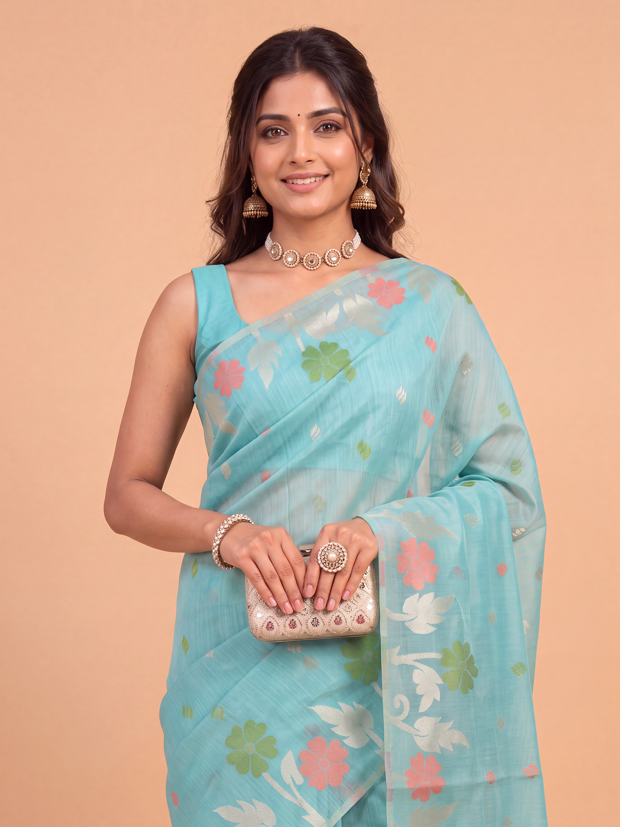 Women Aqua Blue Spun Poly Printed Saree SP10