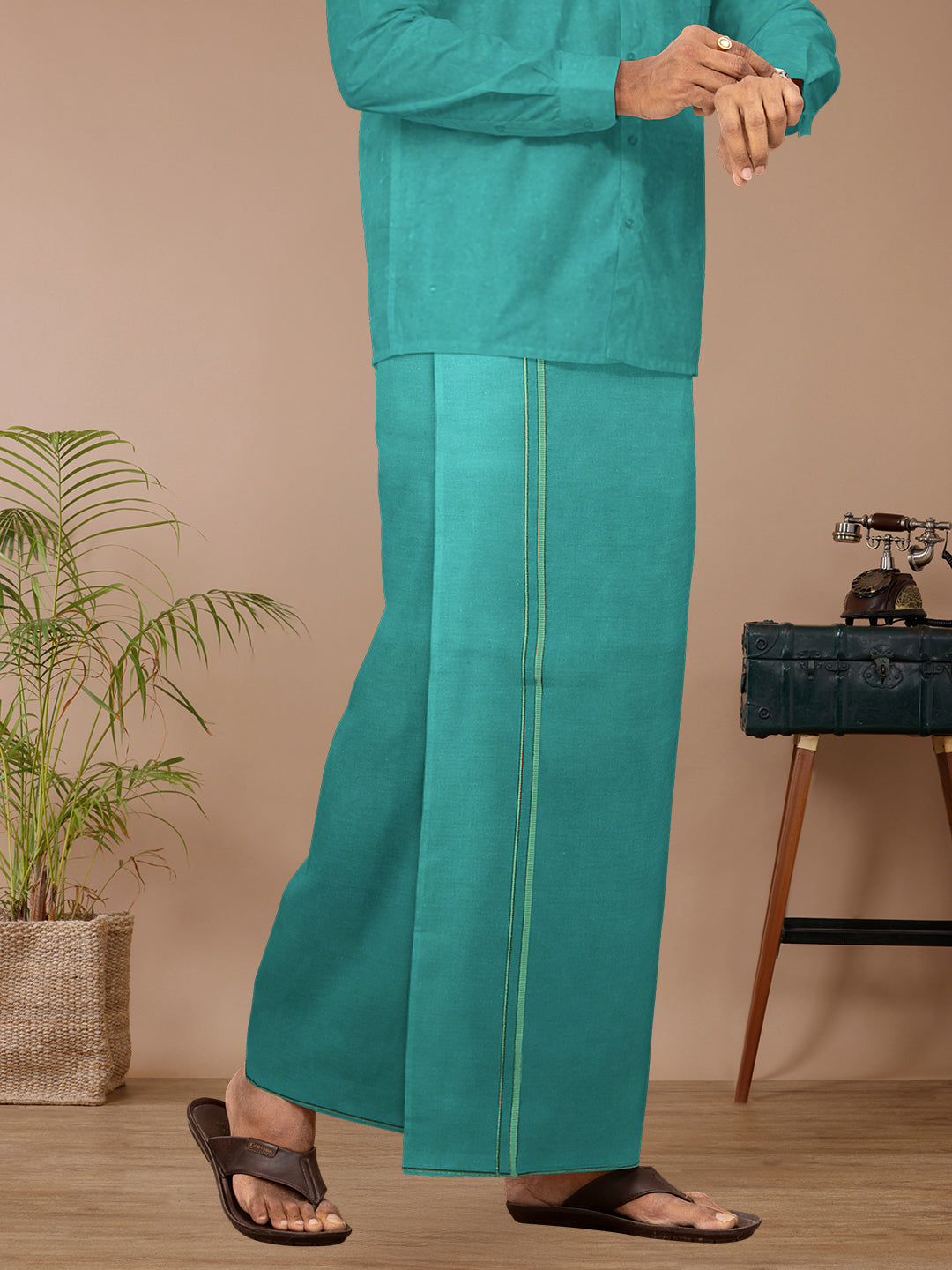 Men Cotton Blend Single Layer Dhoti & Towel Set Green  with Assorted Border Poojan