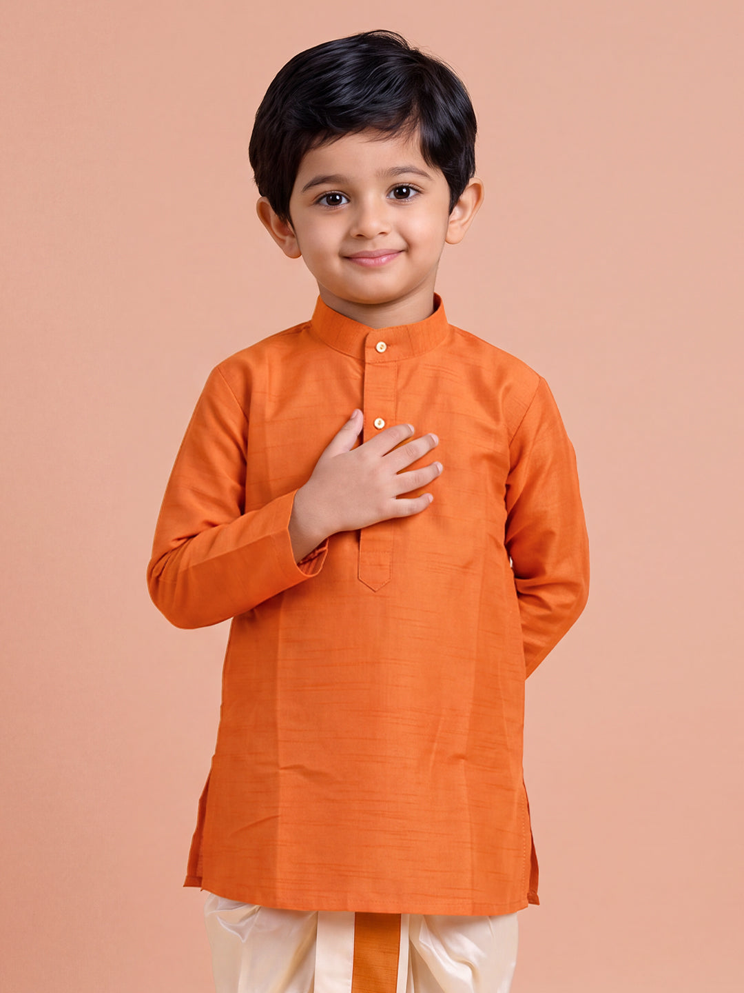 Boys Slub Cotton Full Sleeves Orange Kurta with Panchakacham Combo Set SL5