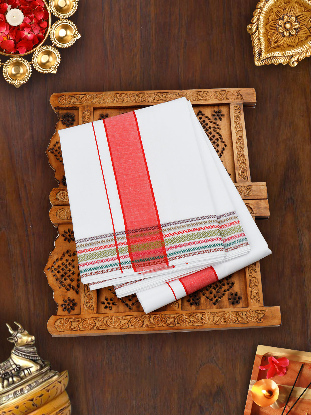 Mens White Panchakacham with Angavasthram Red Fancy Border Srirasthu (9+5)-View one