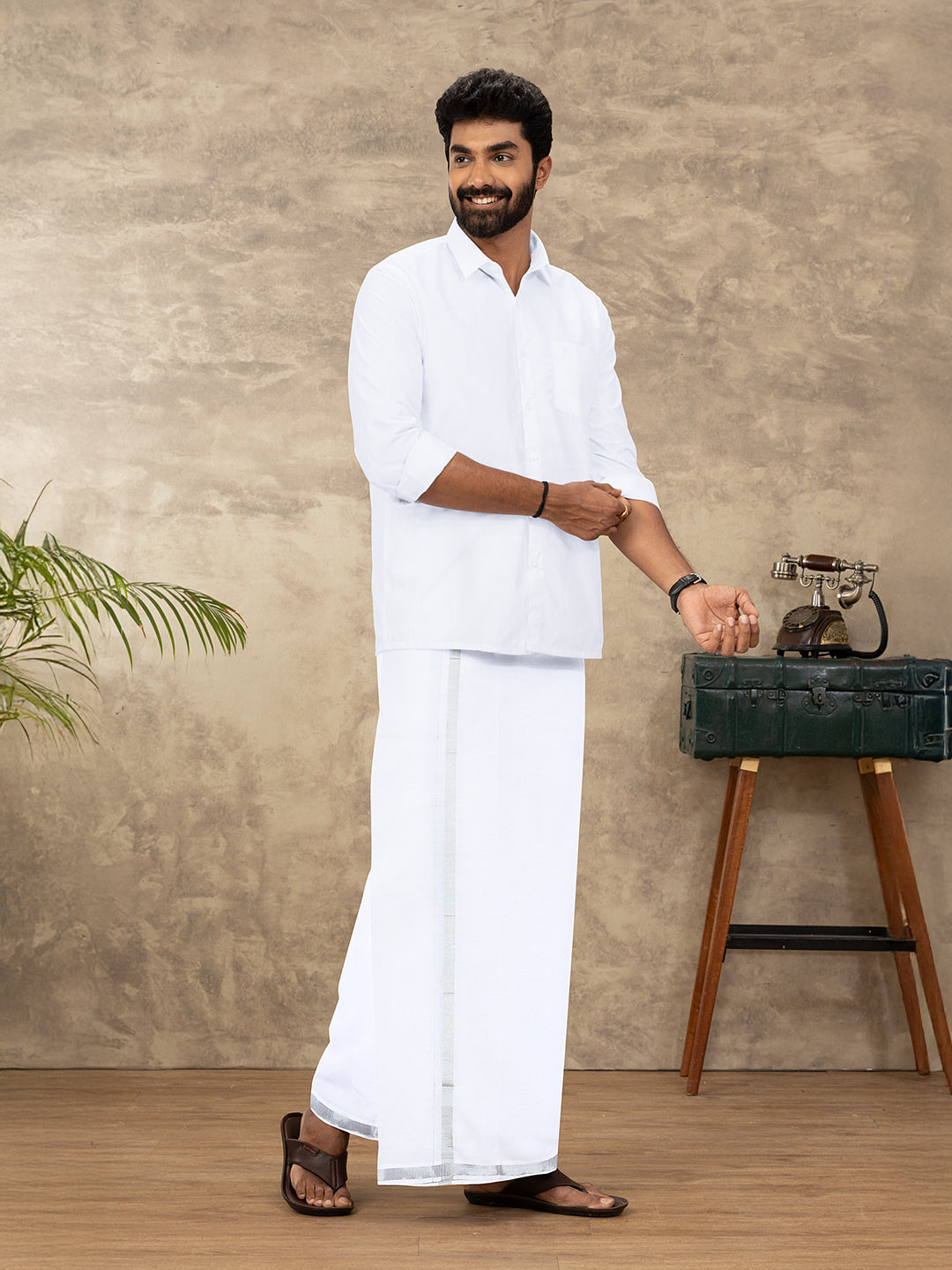 Men Cotton Blend Single Layer White Dhoti with 3/4" Silver Jari Border Jupiter