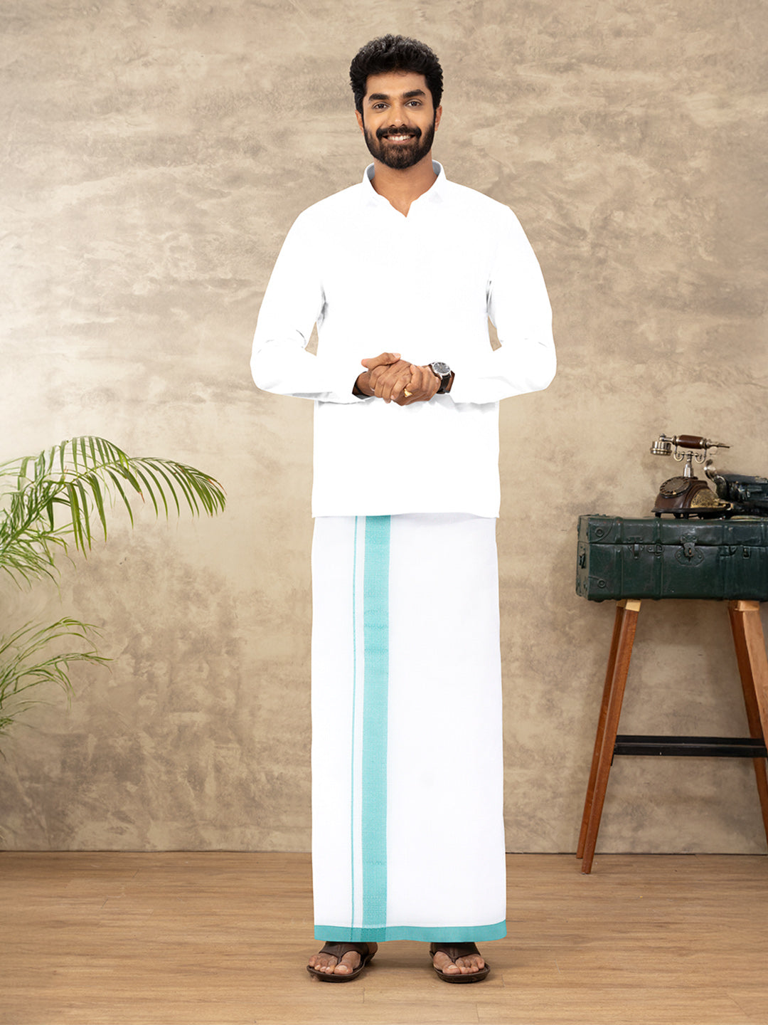 Men Cotton Blend Double Layer White Dhoti with Fancy Border TF07