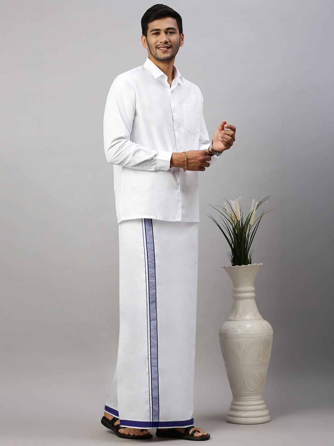 Men Cotton Blend Single Layer White Dhoti with Fancy Border WP26