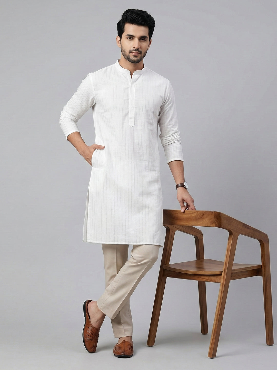 Men Cotton Medium Length Striped Pocket Kurta White RN42