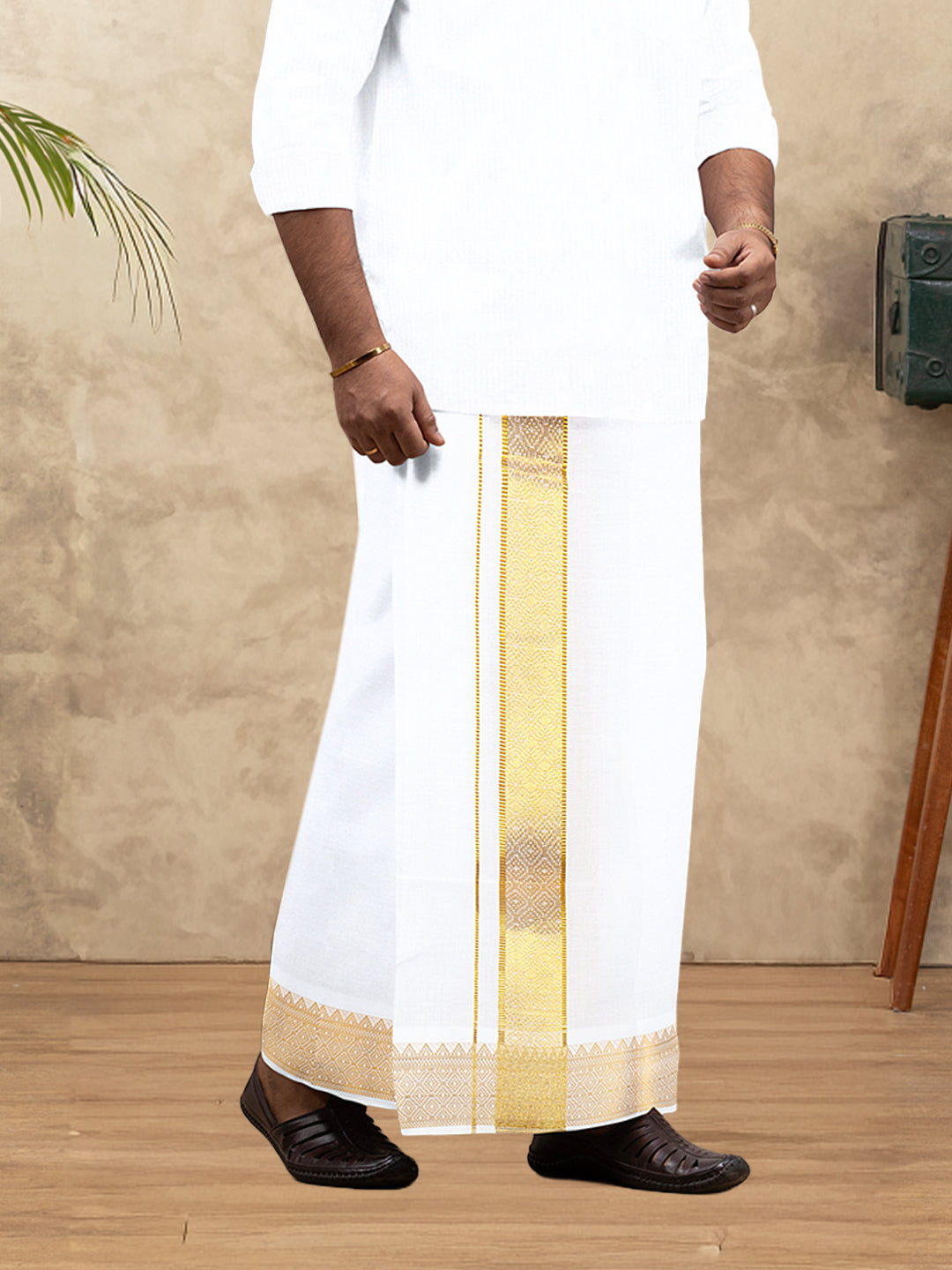 Men 100% Cotton Single Layer White Dhoti with Gold Jari Border Aura 306