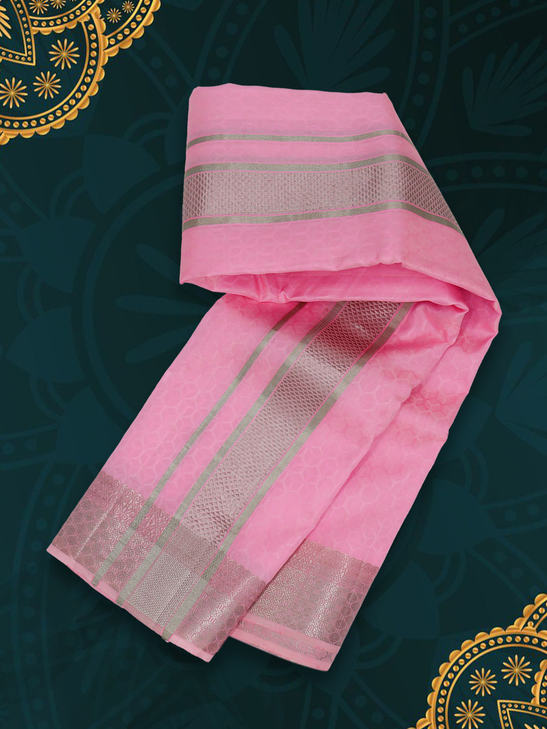 Men Pure Silk Embossed Pink Dhoti & Towel Set with 3" inch Silver Fancy Jari Border