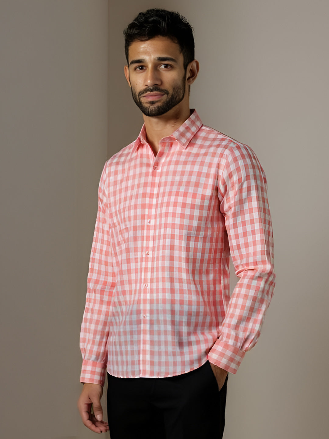 Men Pure Linen Checked Shirt Pink LS2