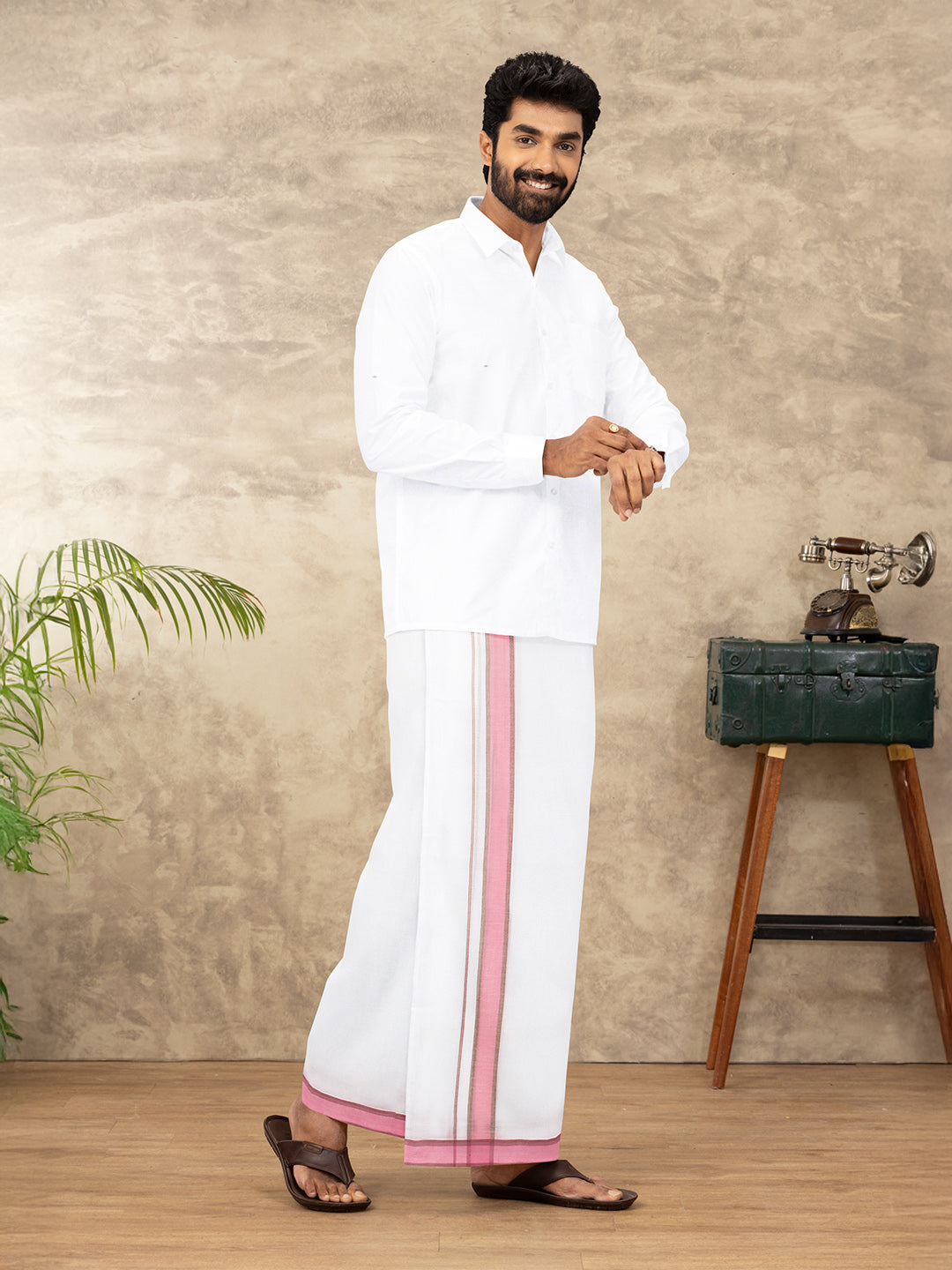Men 100% Cotton Double Layer White Dhoti with Fancy Border RVS08