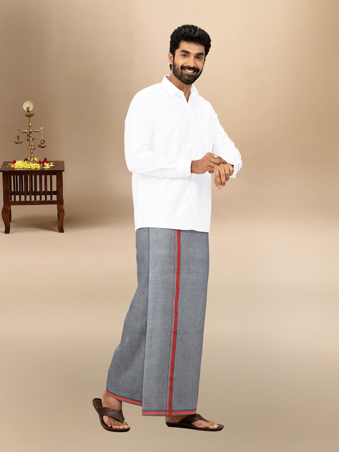 Men Cotton Blend Single Layer Grey Dhoti with Big Border YSG03