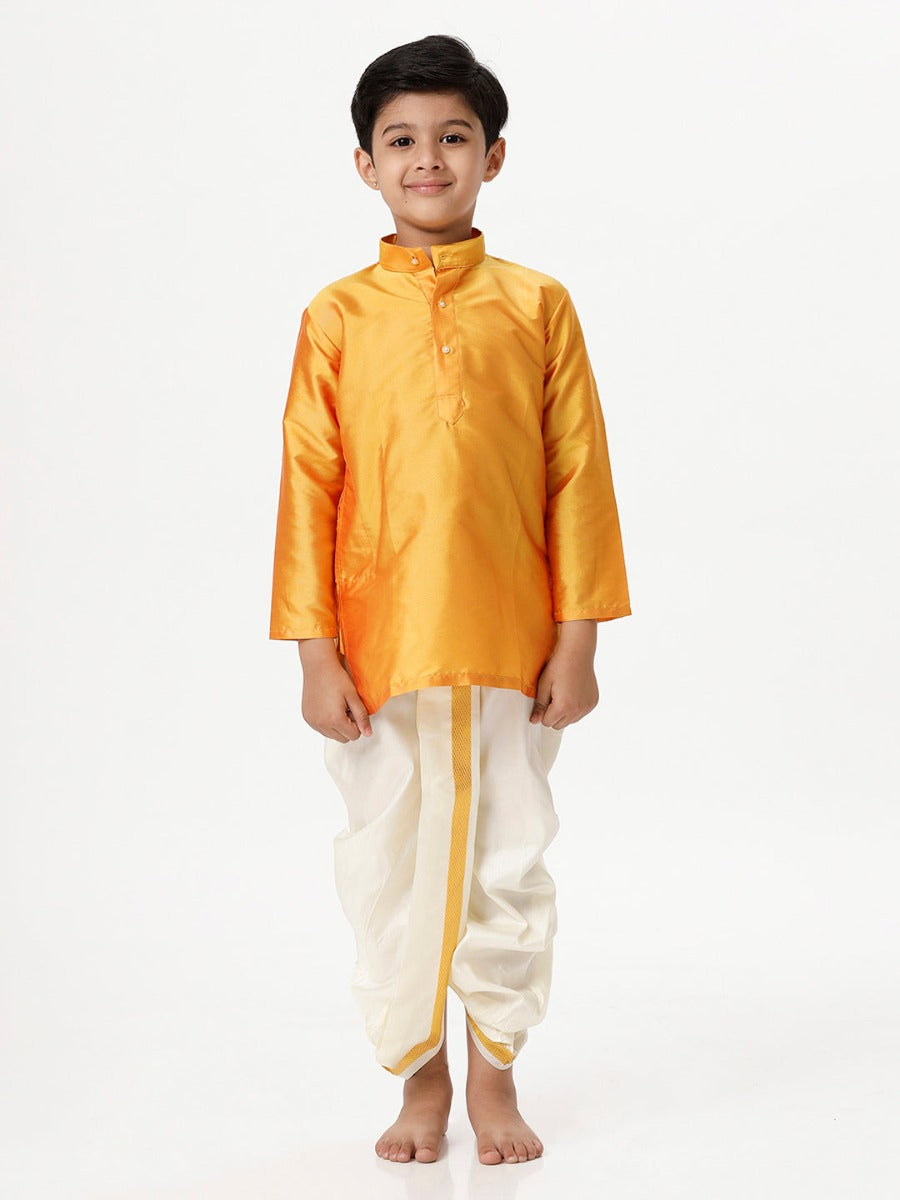 Boys Silk Cotton Full Sleeves Golden Yellow Kurta with Panchakacham Combo