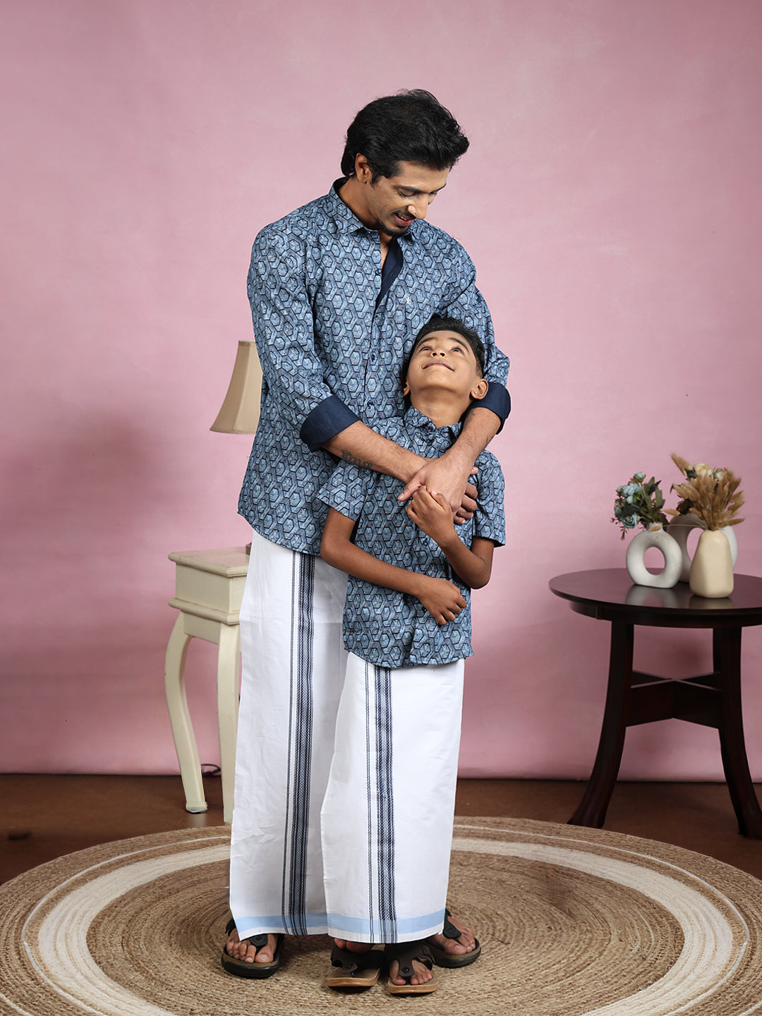 Like Father Like Son Matching Border Dhoti with Printed Shirt Combo Set Navy Blue PS25