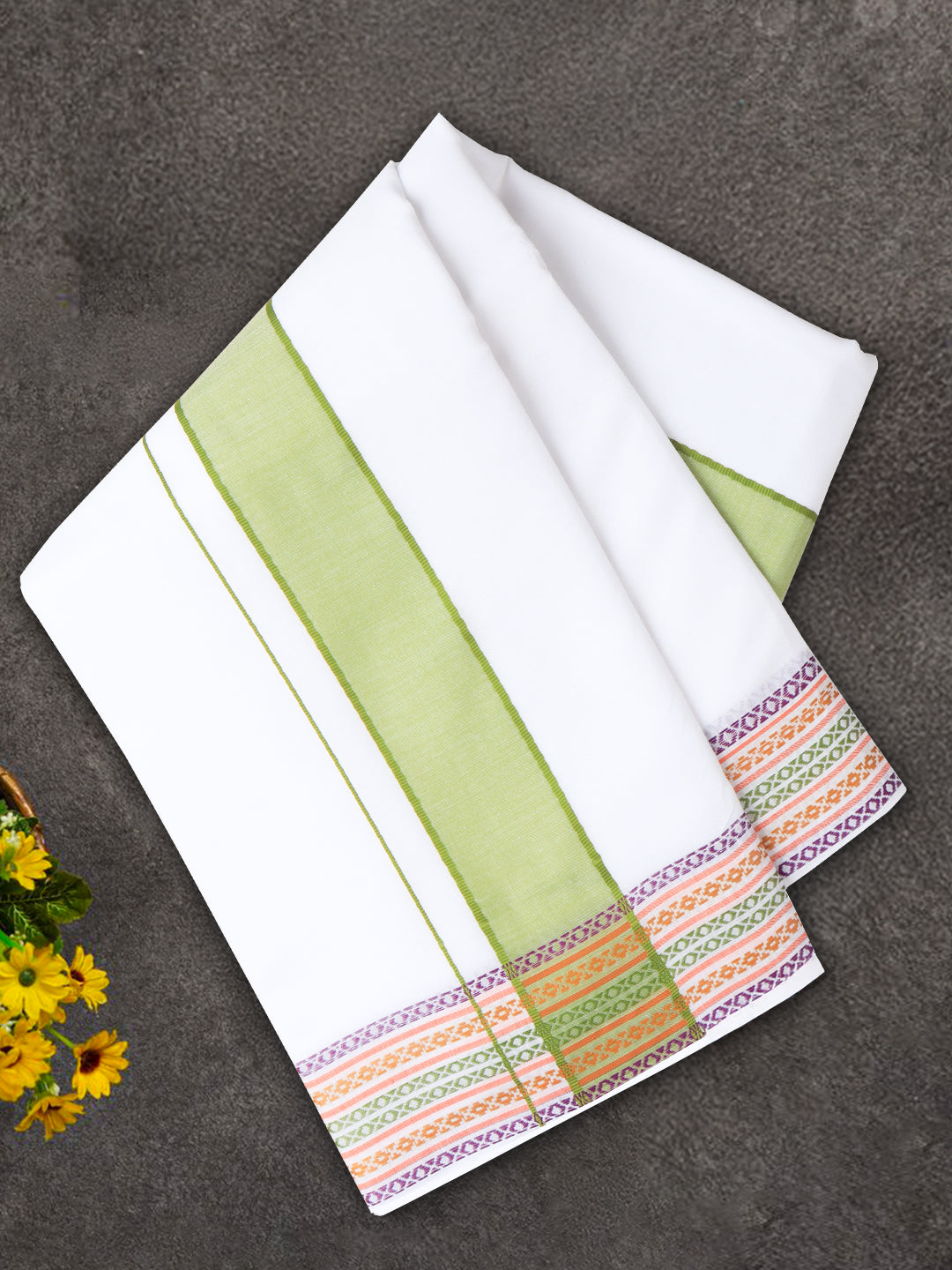 Men Cotton Green Fancy Border Panchakacham with Angavasthram Srirasthu(9+5) SR50