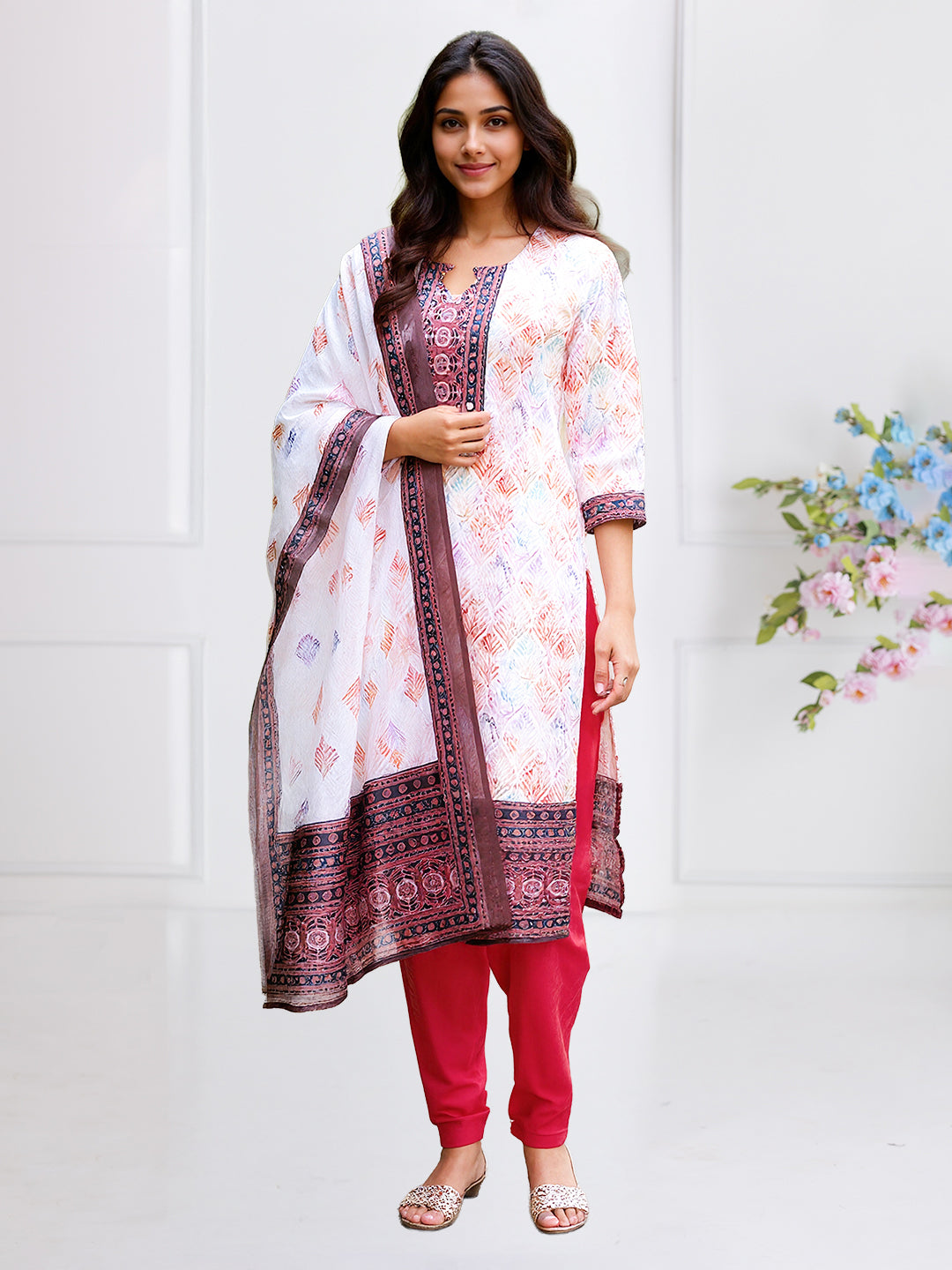 Women Orange Cotton Printed Kurti Set EKS80