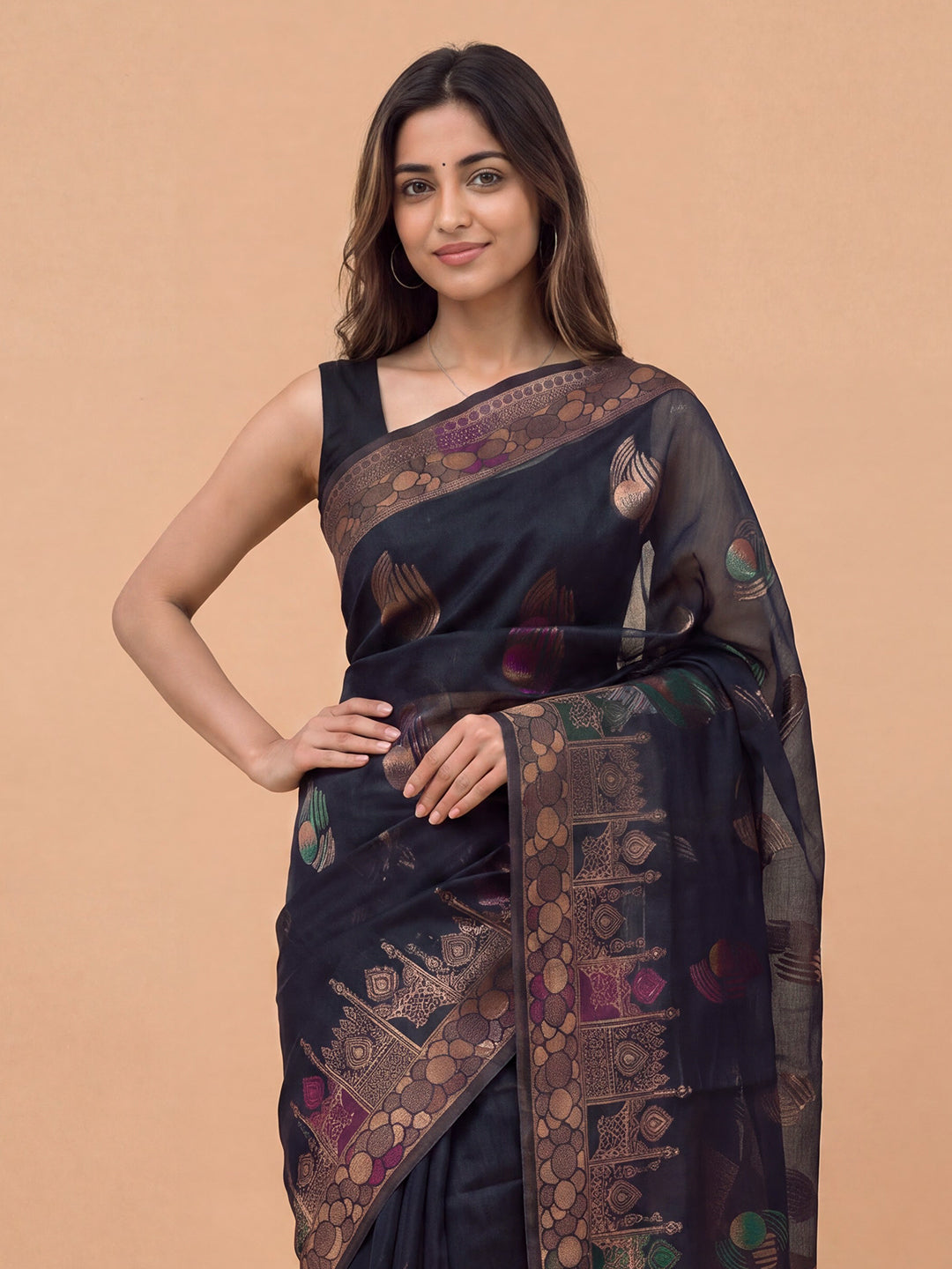 Women Spun Poly Navy Blue Printed Saree SP14