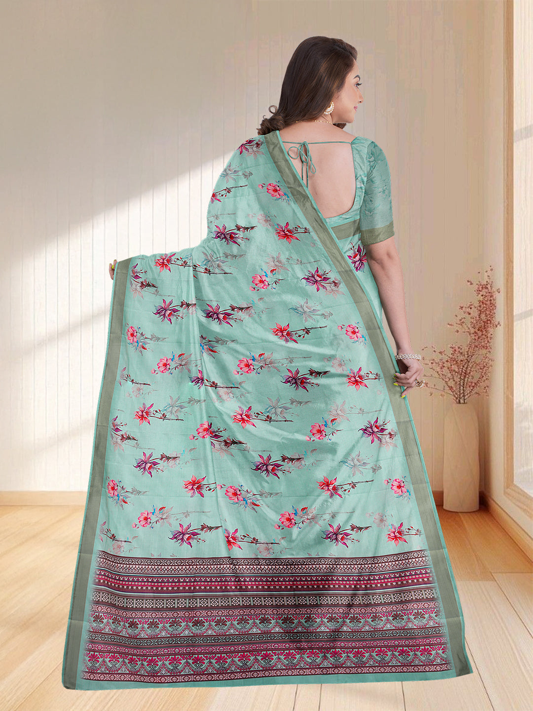 Women Mint Green Blue Semi Tussar Printed Saree ST251