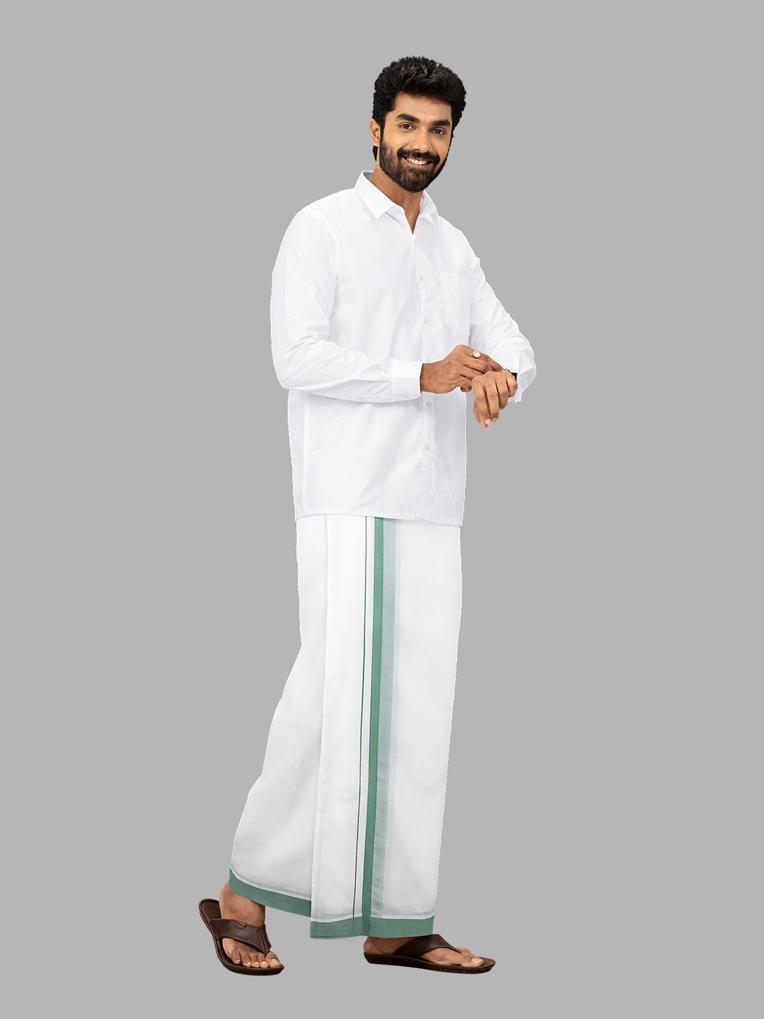 Men 100% Cotton Double Layer White Dhoti with Mintgreen Fancy Border PMF3