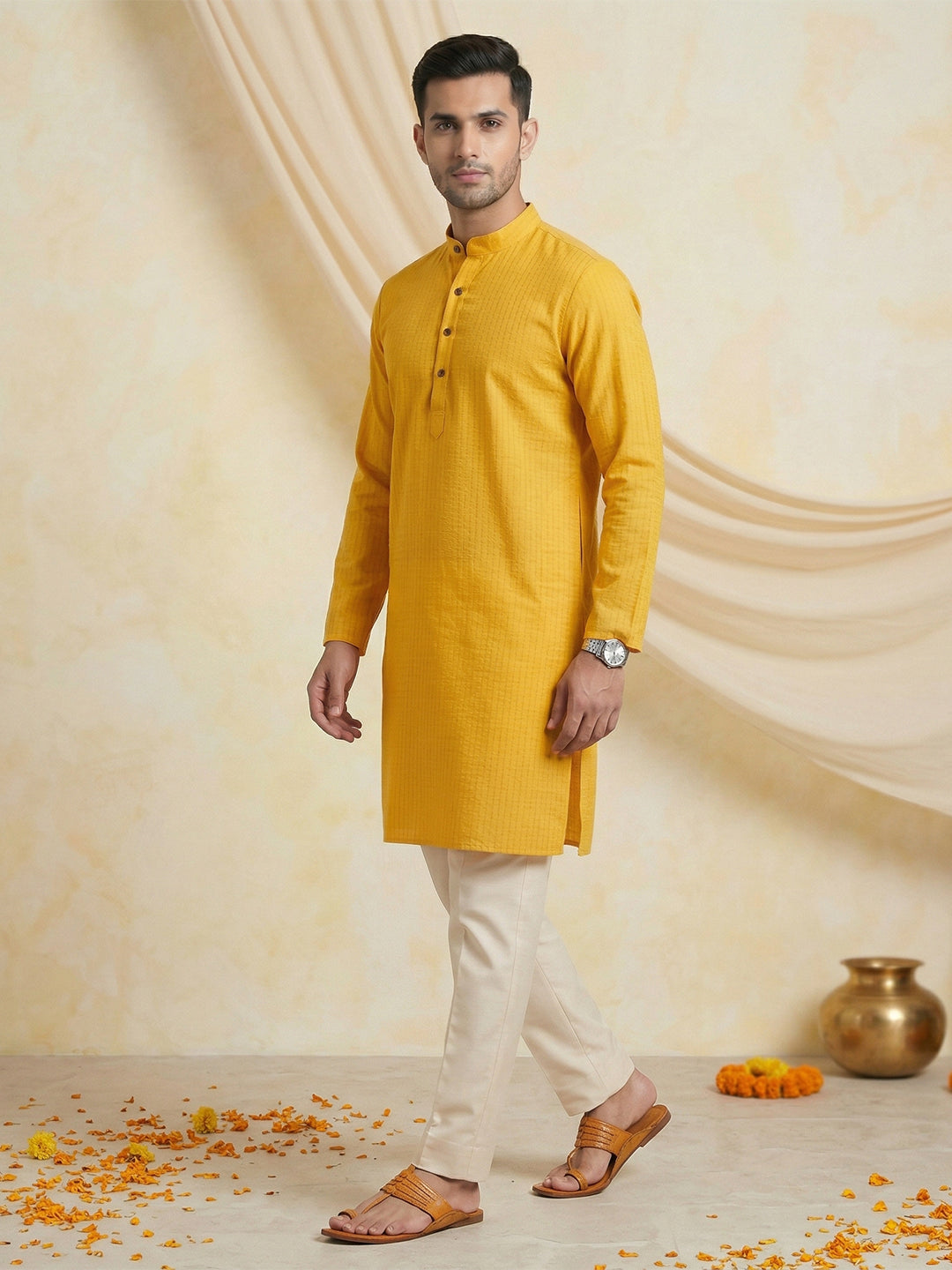 Cotton Full Length Self Design Pocket Kurta Orangy Yellow Y4