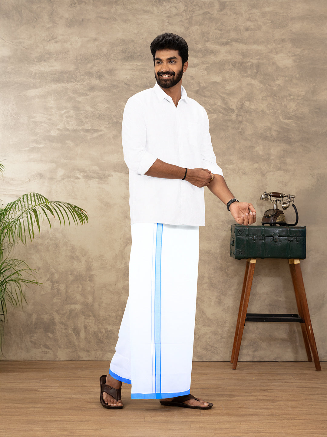 Men Cotton Blend Single Layer White Dhoti with Fancy Border WP30