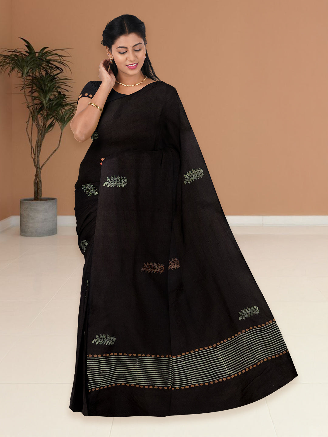 Women Black Cotton Saree with Double Blouse PCS215