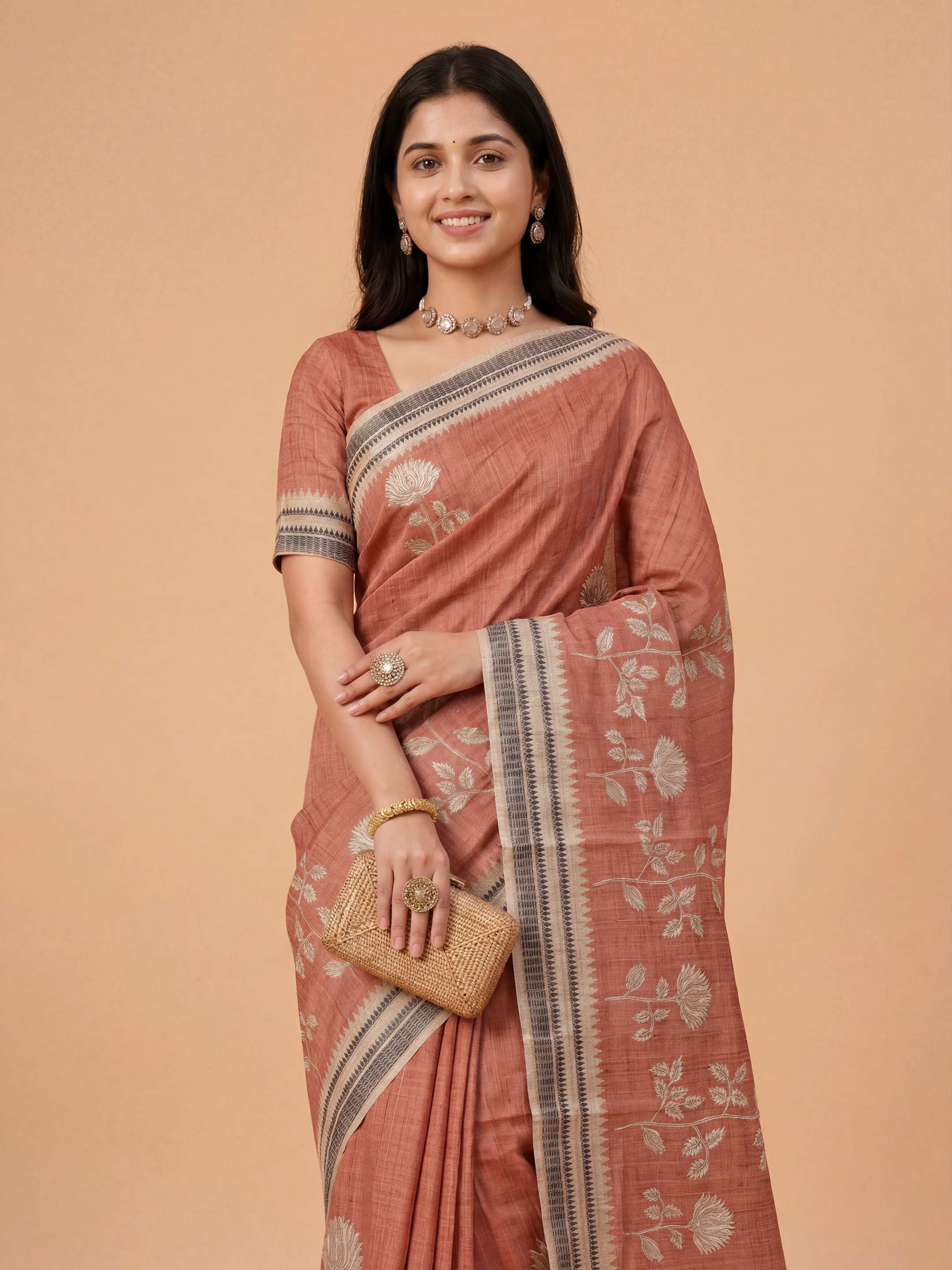 Women Semi Tussar Printed Red Saree ST343
