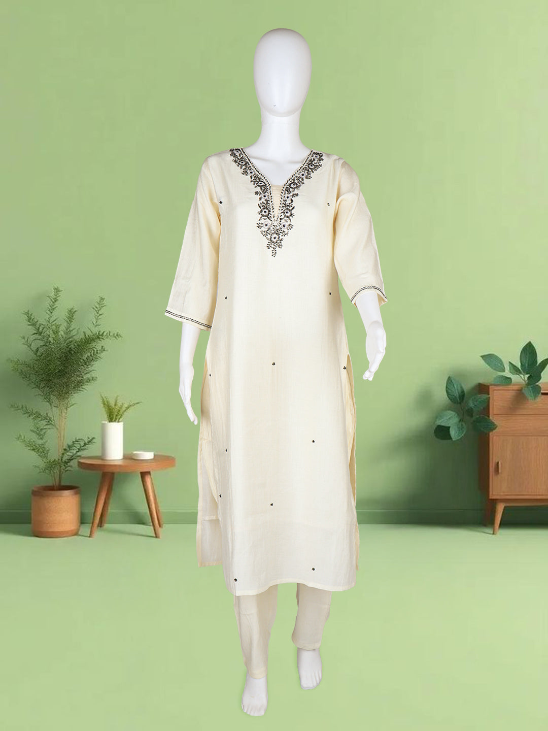 Women Silky Crush Embroidered Kurti Set Off White EKS91