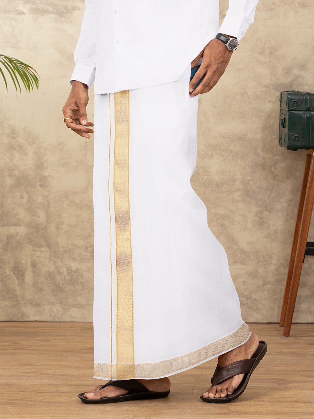 Men Cotton Blend Readymade Single Layer White Dhoti with Gold Jari Border GAA10
