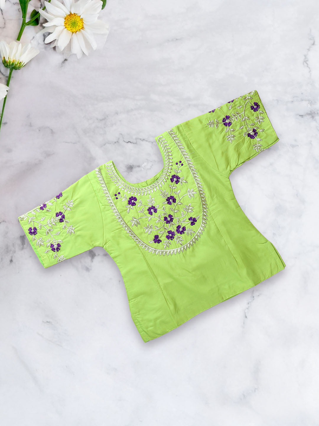 Girls Traditional Silk Cotton Skirt Set Lemongreen with Violet GPS16