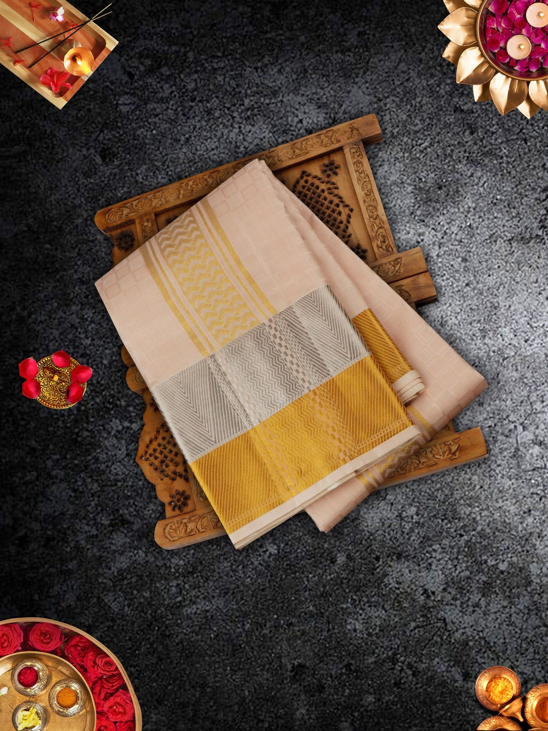 Pure Silk Rose Gold 3" Gold & Silver Jari Border Dhoti With Towel Thirukalyan-View one