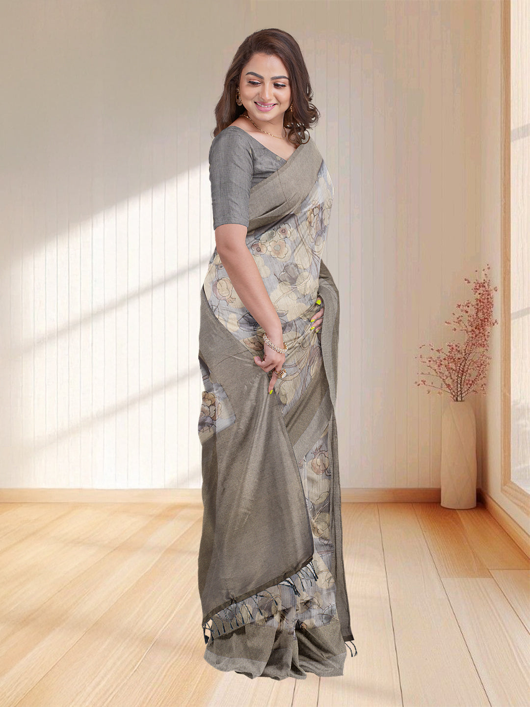 Women Pastel Blue Semi Tussar Printed Saree ST261