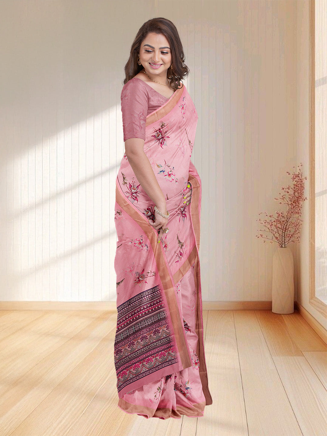 Women Pink Semi Tussar Printed Saree ST250