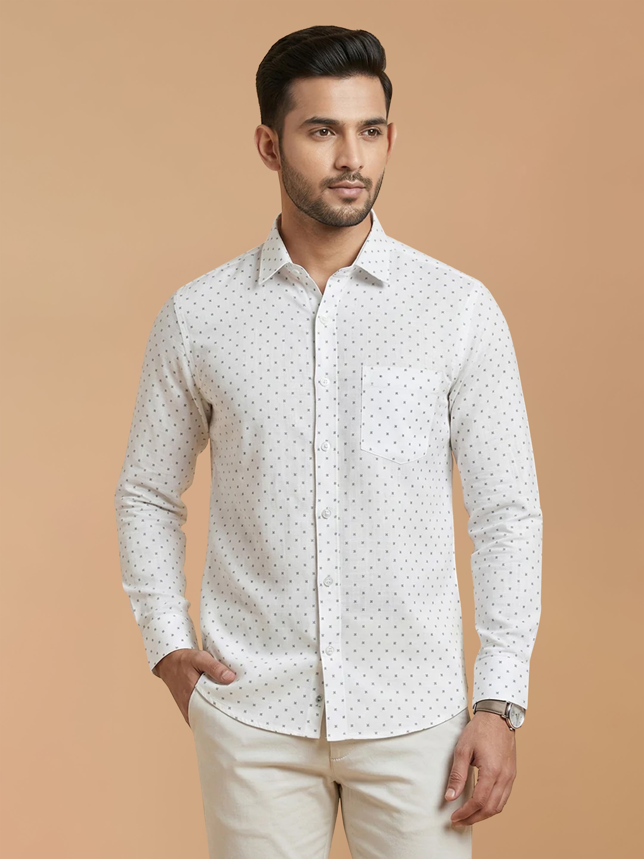 Cotton Rich White Printed Regular Fit Shirt T66 APT7