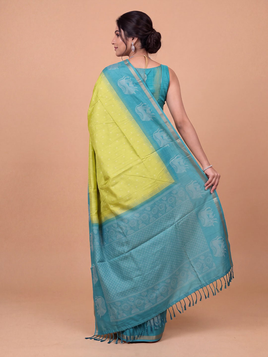 Women Semi Raw Silk Charteuse Yellow with Teal Blue Fancy Printed Saree SRS128